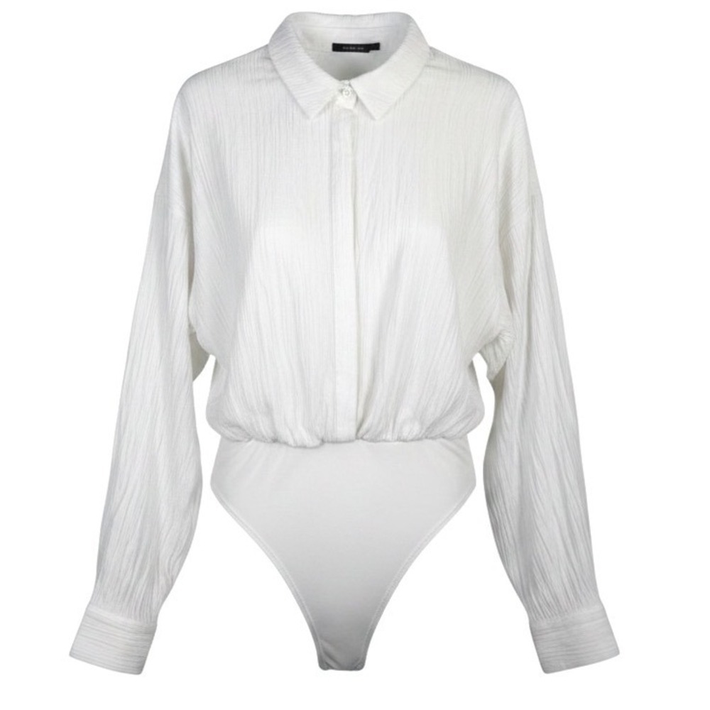 PrettyLittleThing Women's White Crinkle Textured Long Sleeve Bodysuit - Sz  10